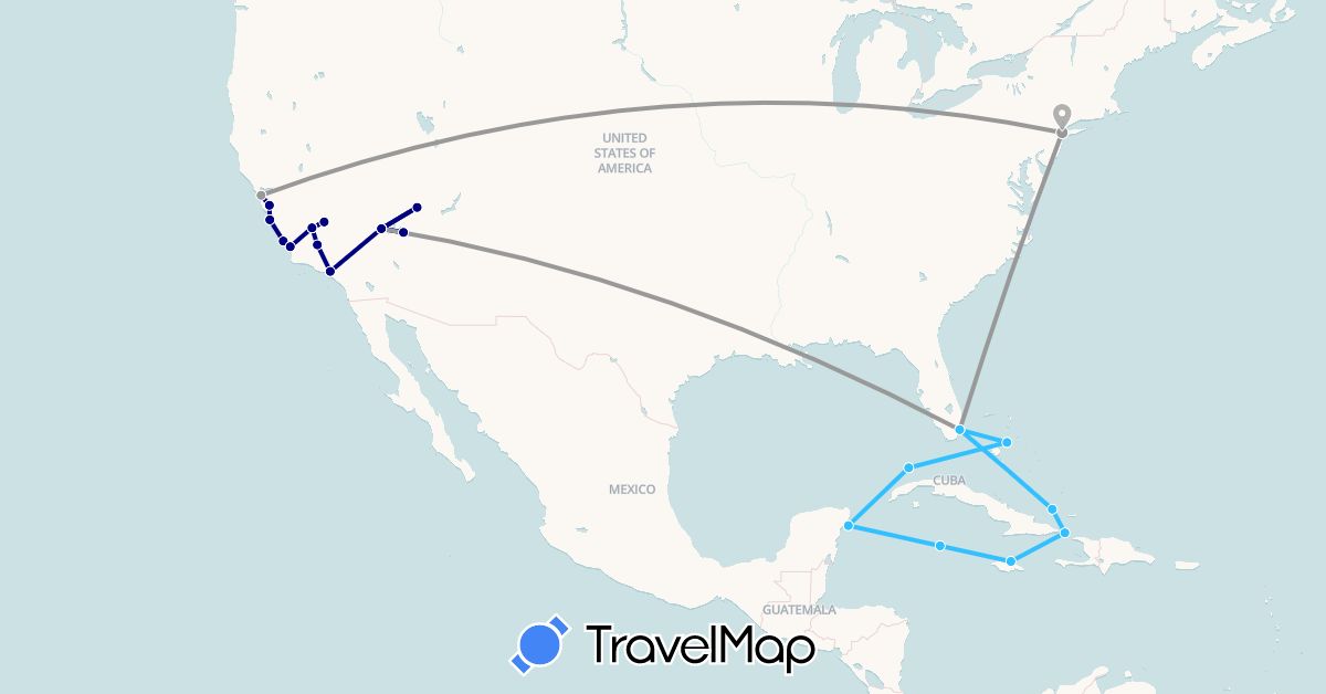 TravelMap itinerary: driving, plane, boat in Bahamas, Jamaica, Cayman Islands, Mexico, United States (North America)